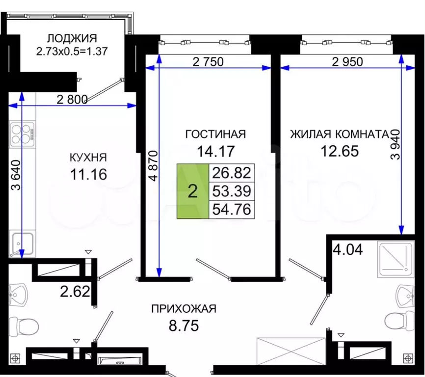 2-к. квартира, 54,8 м, 7/25 эт. - Фото 0