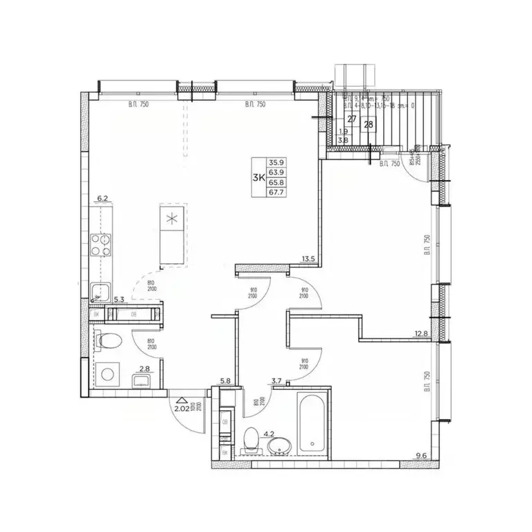 3-к кв. Приморский край, Владивосток ул. Расула Гамзатова, 7к1 (67.7 ... - Фото 2