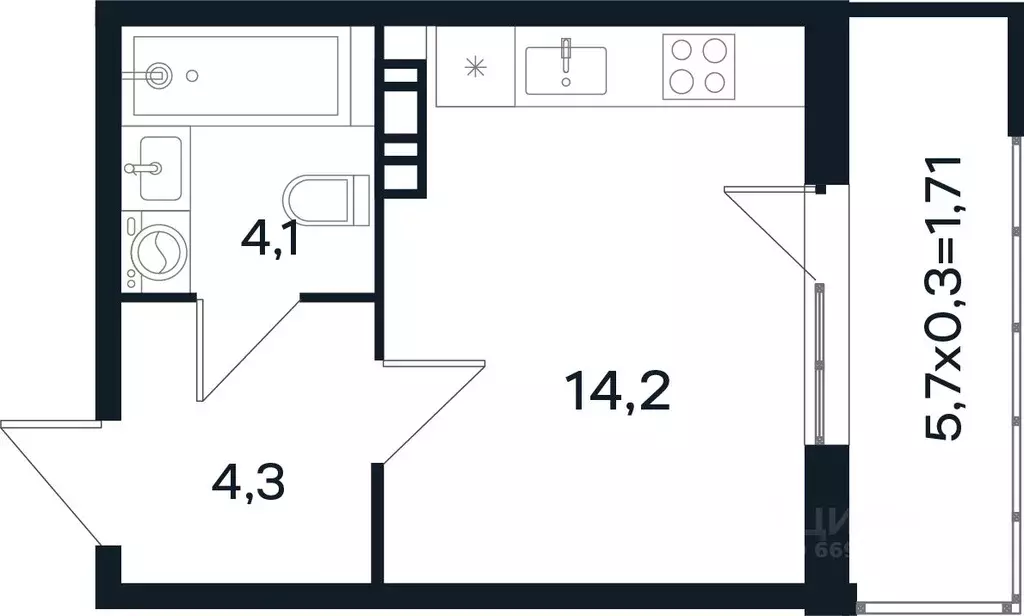 Студия Краснодарский край, Краснодар Новая Елизаветка мкр,  (24.31 м) - Фото 1