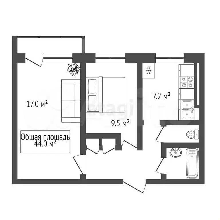 2-к. квартира, 44 м, 6/9 эт. - Фото 0