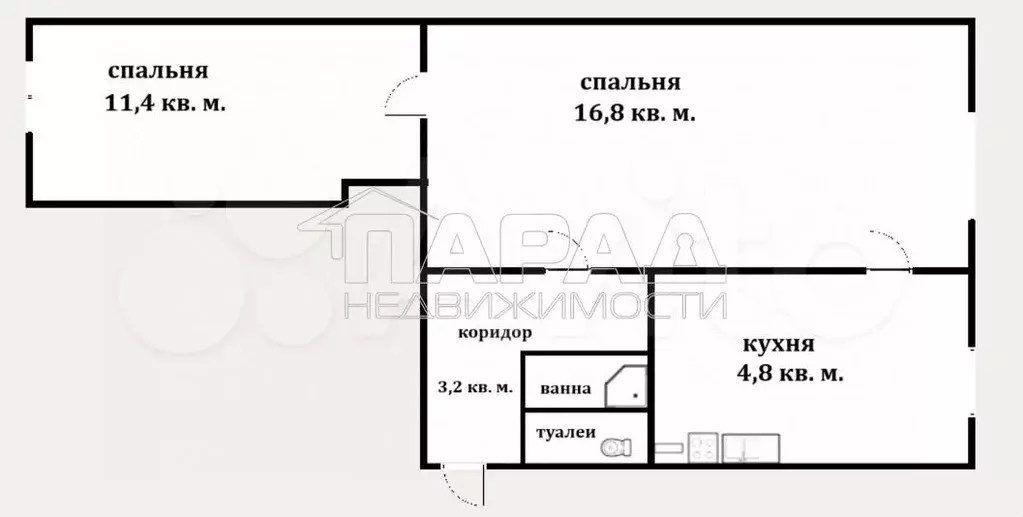 2-к. квартира, 37,1 м, 1/1 эт. - Фото 0
