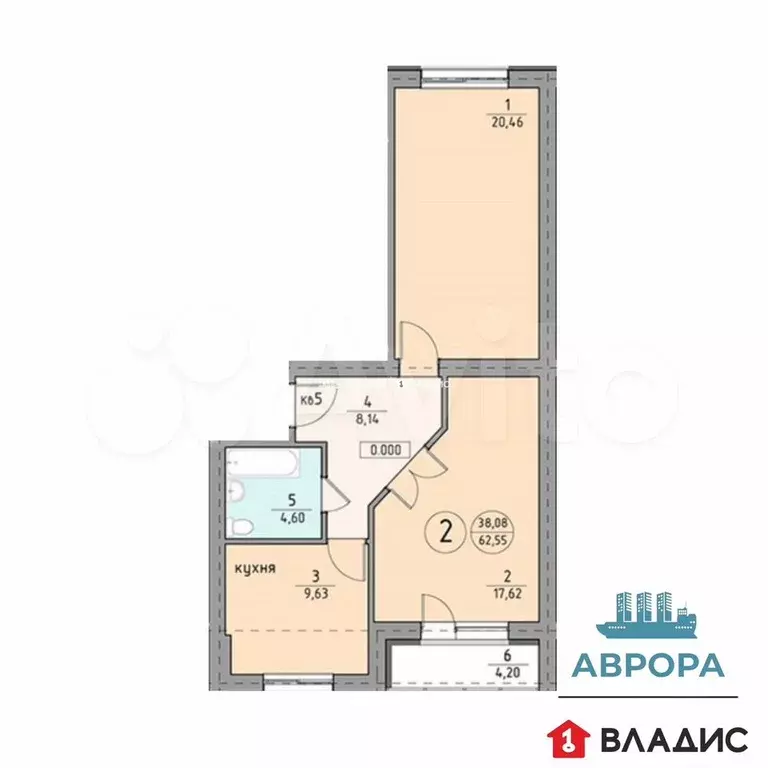 2-к. квартира, 62,6 м, 1/4 эт. - Фото 0