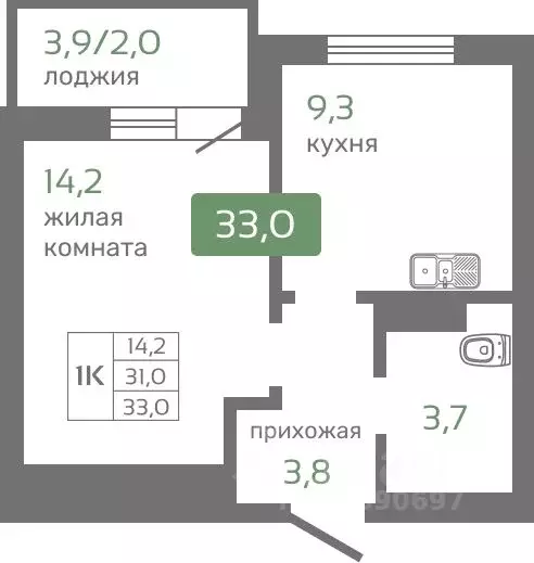 1-к кв. Красноярский край, Красноярск Норильская ул., с2 (33.0 м) - Фото 1