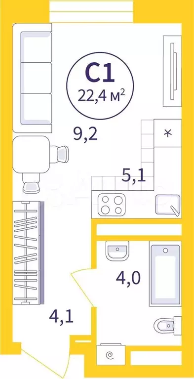 Квартира-студия, 22,4 м, 17/25 эт. - Фото 0