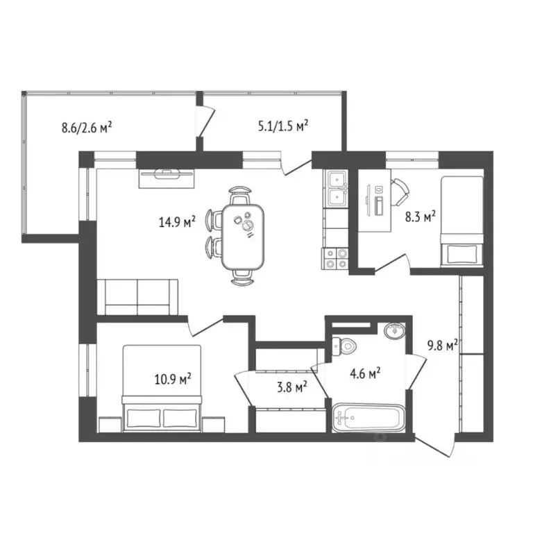 2-к кв. Тюменская область, Тюмень Профсоюзная ул., 59 (75.9 м) - Фото 1