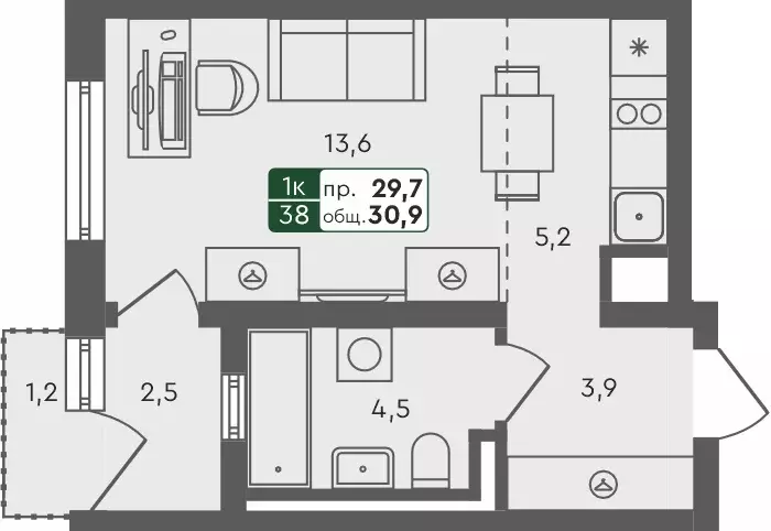 квартира-студия, 30.9 м - Фото 0