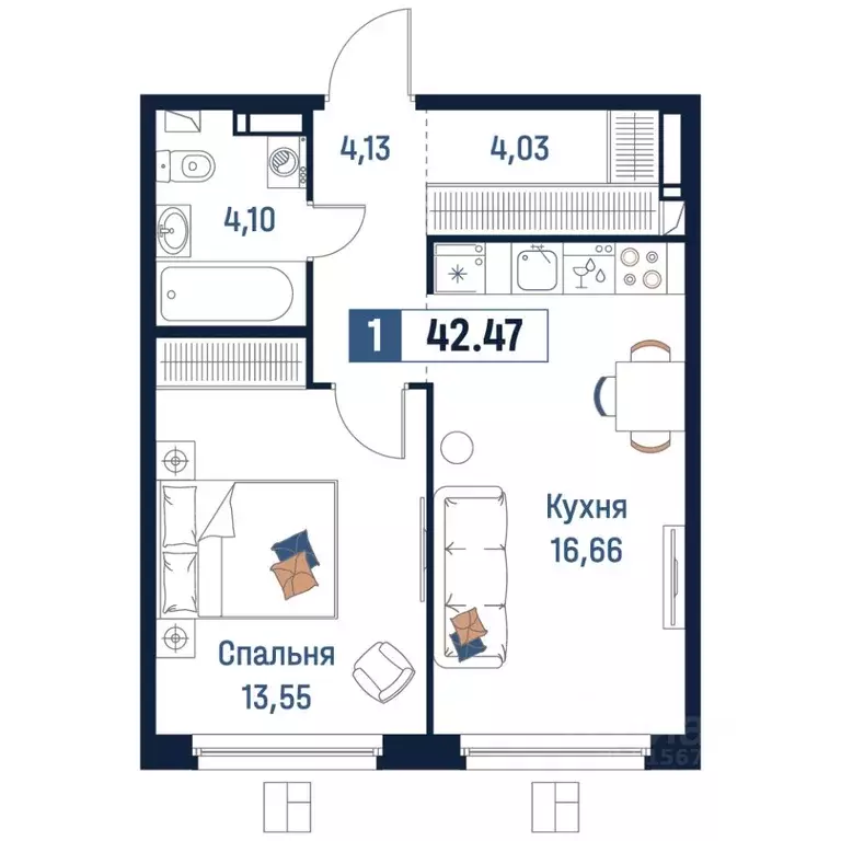 1-к кв. Ленинградская область, Мурино Всеволожский район,  (42.47 м) - Фото 0