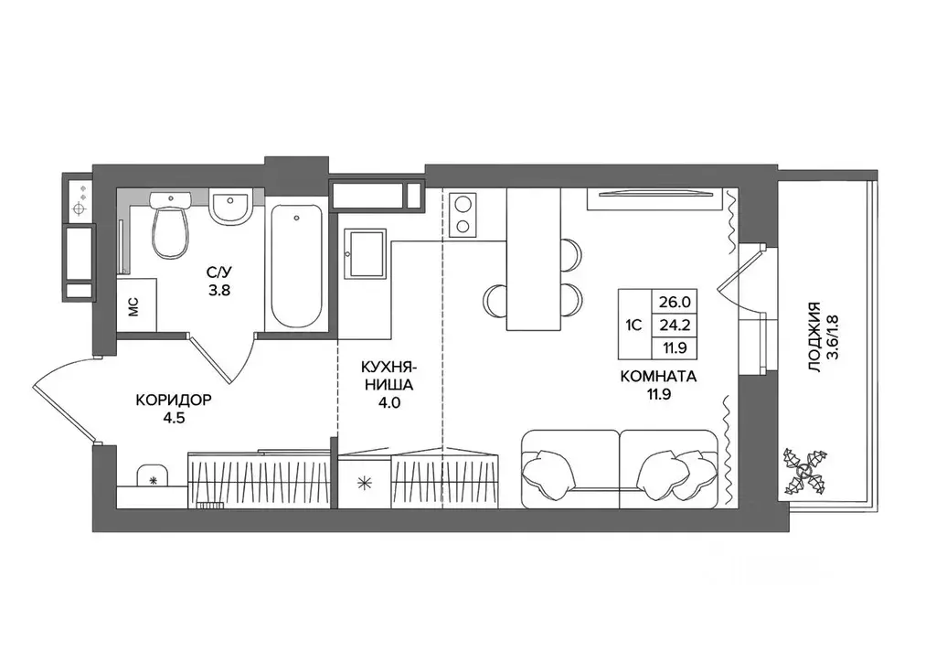 Студия Пермский край, д. Кондратово  (26.0 м) - Фото 1