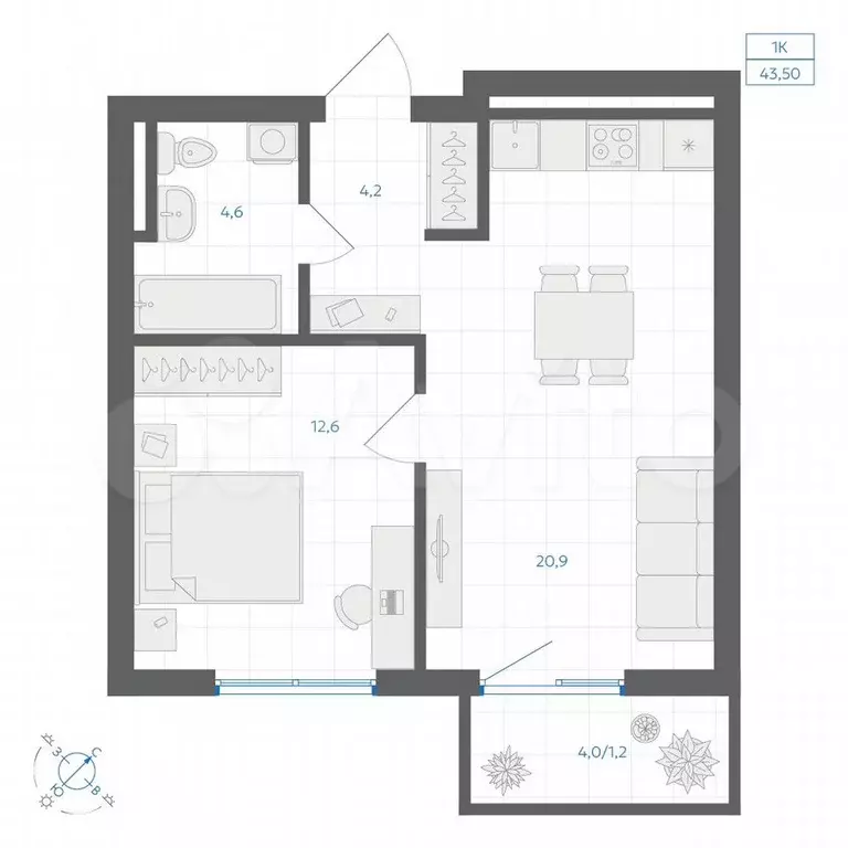 1-к. квартира, 43,5 м, 5/9 эт. - Фото 1