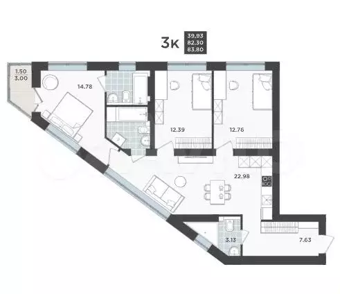 3-к. квартира, 83,8 м, 8/9 эт. - Фото 1