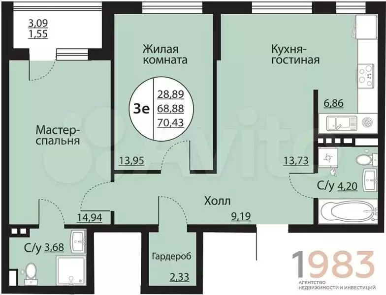 2-к. квартира, 70,4 м, 6/24 эт. - Фото 0