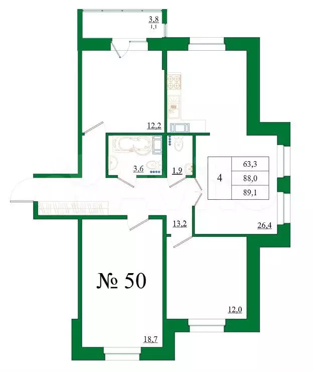 4-к. квартира, 89,1 м, 7/8 эт. - Фото 0