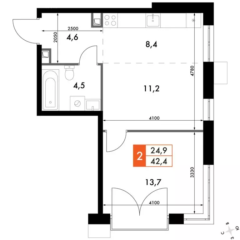 2-комнатная квартира: Владивосток, ЖК Флагман (42.3 м) - Фото 1