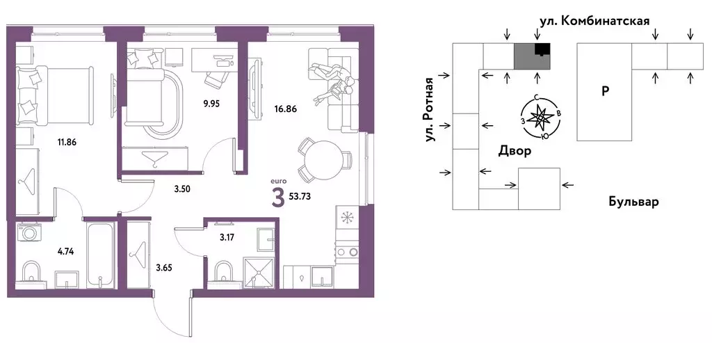3-комнатная квартира: Екатеринбург, Ленинский район (53.73 м) - Фото 1