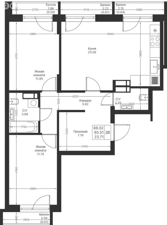 2-комнатная квартира: Казань, ЖК Мой Ритм, ПК14 (68.02 м) - Фото 1