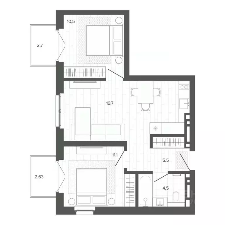 3-к кв. Алтайский край, Барнаул тракт Змеиногорский, 35Бк2 (50.72 м) - Фото 1