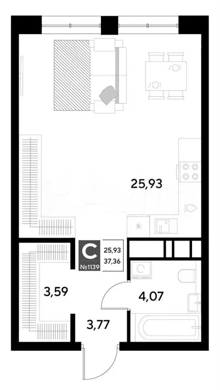 Квартира-студия, 37,4 м, 7/21 эт. - Фото 0