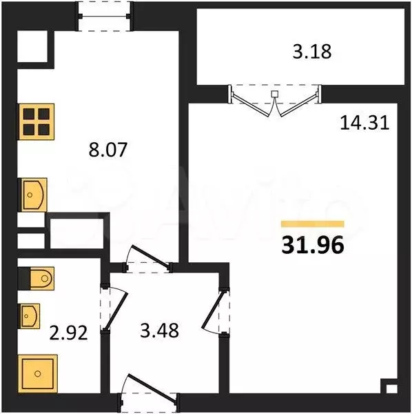 1-к. квартира, 32 м, 4/9 эт. - Фото 1