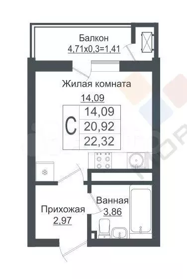 Квартира-студия, 21,6 м, 5/16 эт. - Фото 0