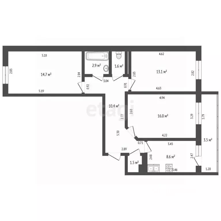 3-к кв. Татарстан, Набережные Челны 63-й комплекс, 13 (68.5 м) - Фото 2