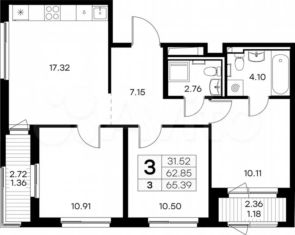 3-к. квартира, 65,4 м, 1/9 эт. - Фото 0