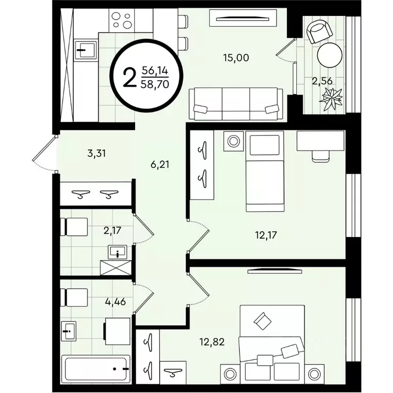 2-к кв. Тюменская область, Тюмень ул. Александра Звягина, 5 (58.7 м) - Фото 1