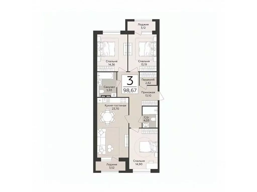 3-к кв. Воронежская область, Воронеж Эклипс жилой комплекс (98.67 м) - Фото 1