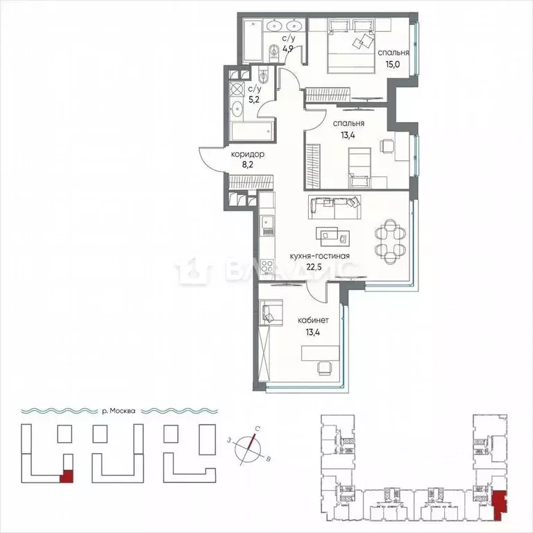 2-к кв. Москва ул. Нижние Мневники, 7 (82.4 м) - Фото 2