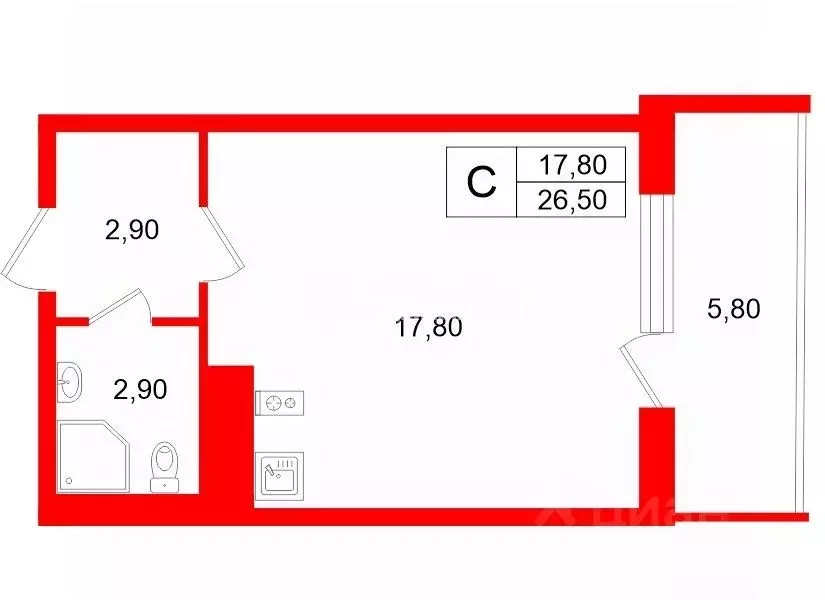 Студия Санкт-Петербург Дальневосточный просп., 23 (26.5 м) - Фото 2