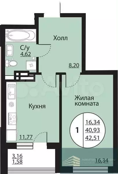 1-к. квартира, 42,5 м, 17/24 эт. - Фото 0
