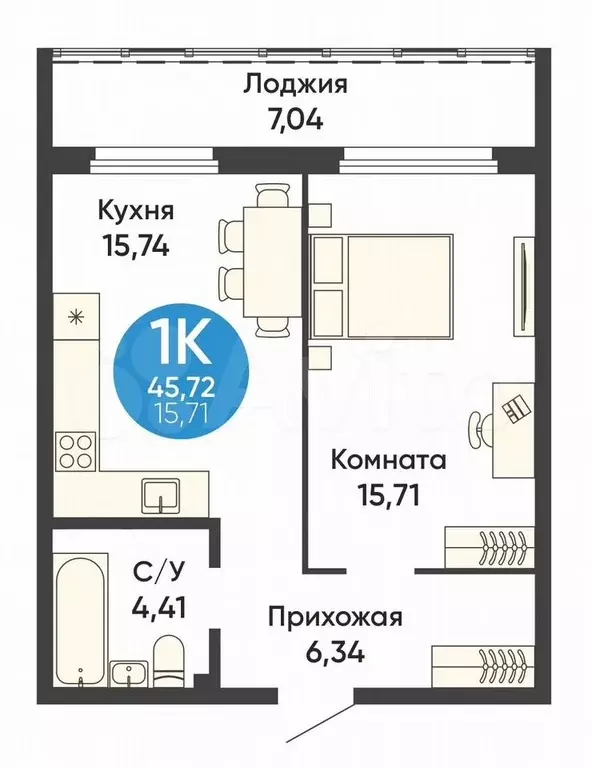 1-к. квартира, 45,7 м, 5/16 эт. - Фото 0