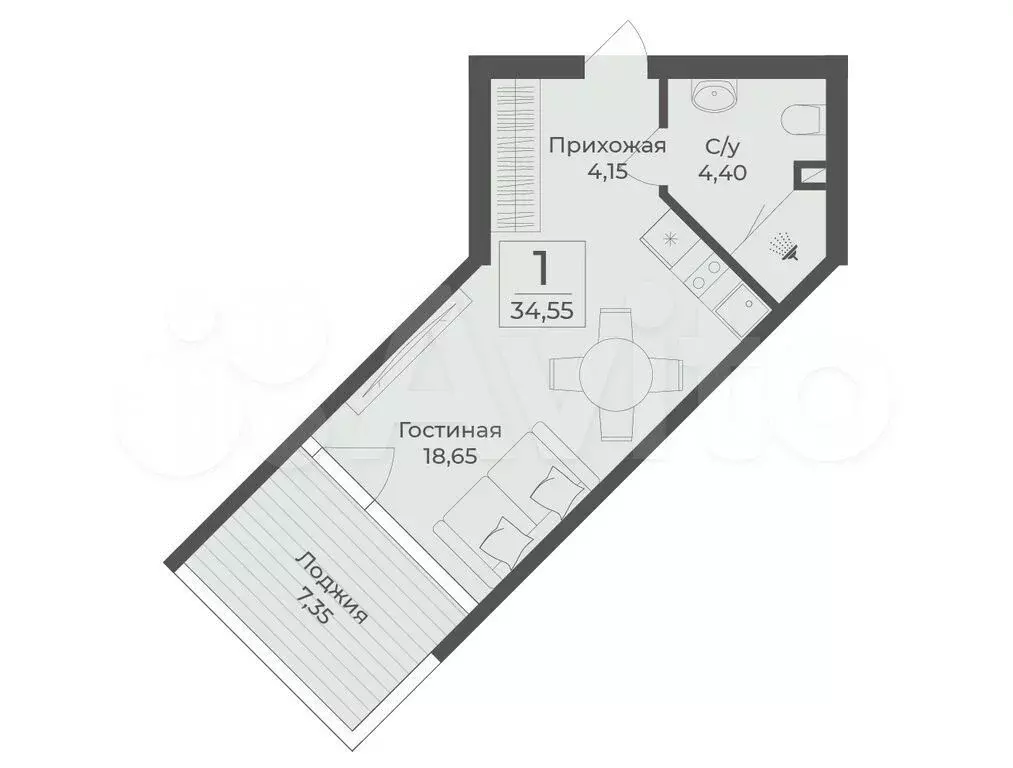 Квартира-студия, 34,6 м, 3/9 эт. - Фото 0