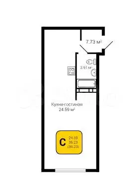 Квартира-студия, 36,2 м, 2/8 эт. - Фото 1