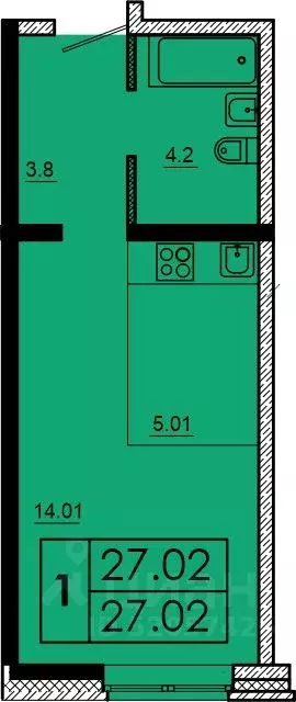 1-к кв. Иркутская область, Иркутск ул. Баумана, 271 (27.02 м) - Фото 1