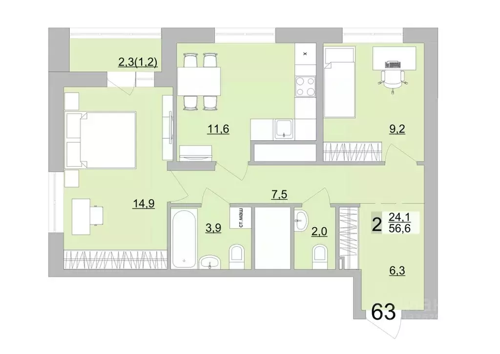 2-к кв. Свердловская область, Екатеринбург ул. Черкасская, 5к3 (57.75 ... - Фото 1