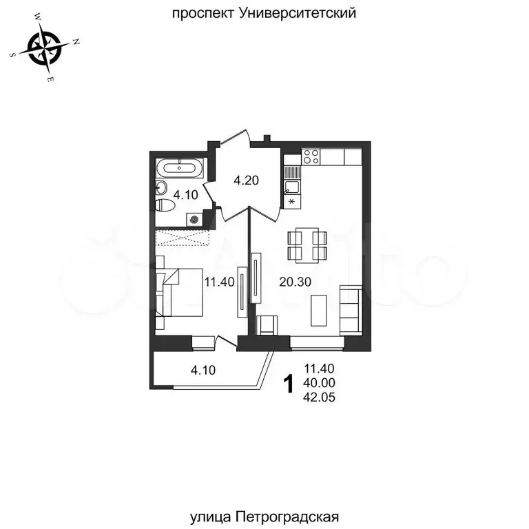 1-к. квартира, 42,1 м, 4/19 эт. - Фото 0