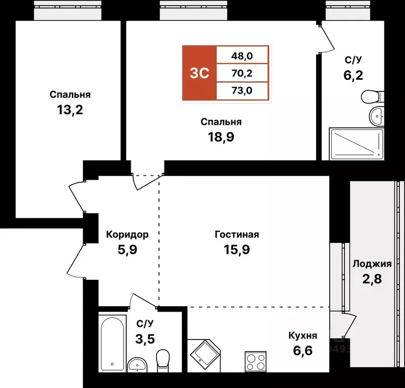 3-к кв. Башкортостан, Уфа Цветы Башкирии жилрайон,  (73.0 м) - Фото 1