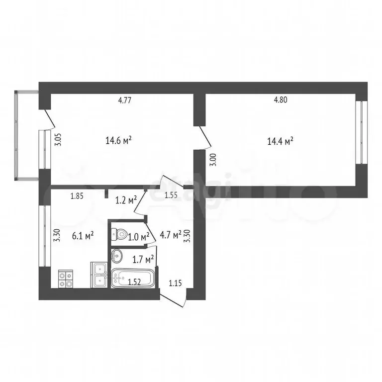 2-к. квартира, 43,7 м, 4/5 эт. - Фото 0