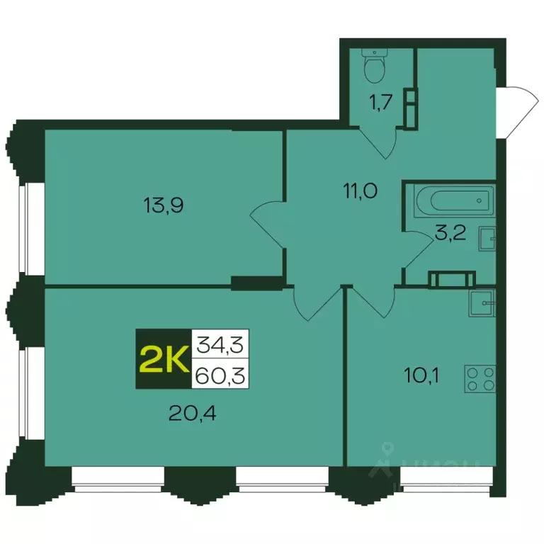 2-к кв. Чувашия, Чебоксары просп. Чебоксарский (60.6 м) - Фото 1
