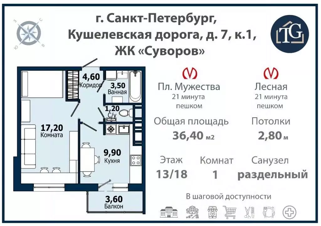 1-к кв. Санкт-Петербург дор. Кушелевская, 7к1 (36.4 м) - Фото 1