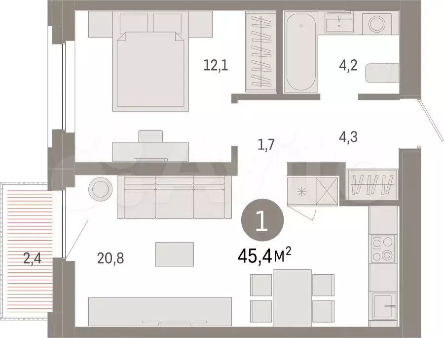 1-к. квартира, 45,4 м, 4/16 эт. - Фото 1