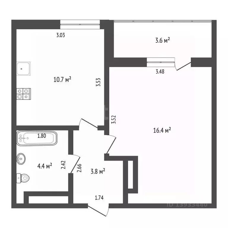 1-к кв. Тюменская область, Тюмень ул. Газовиков, 44 (39.73 м) - Фото 2