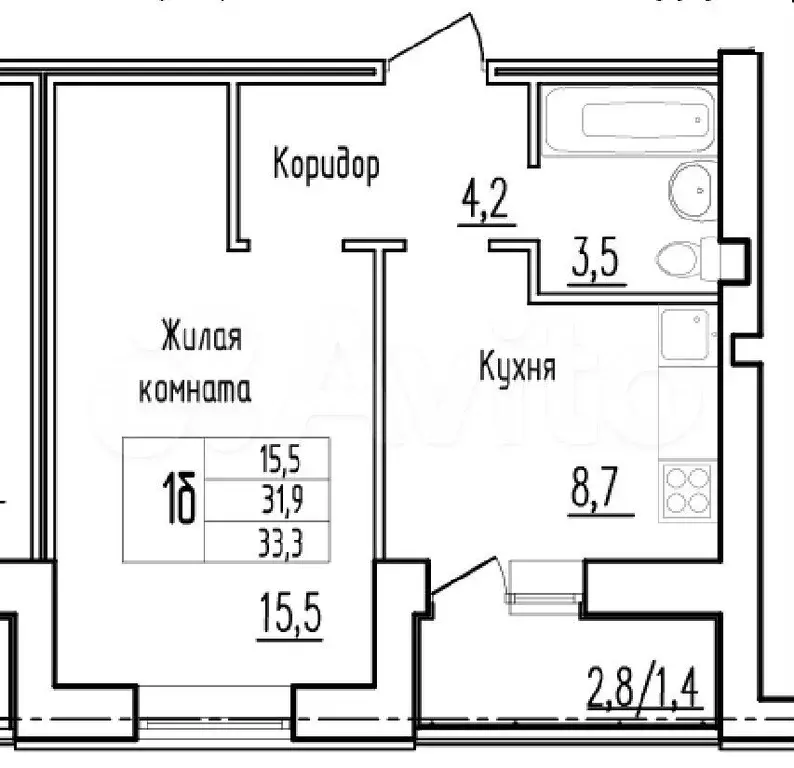 1-к. квартира, 31,1 м, 6/9 эт. - Фото 0