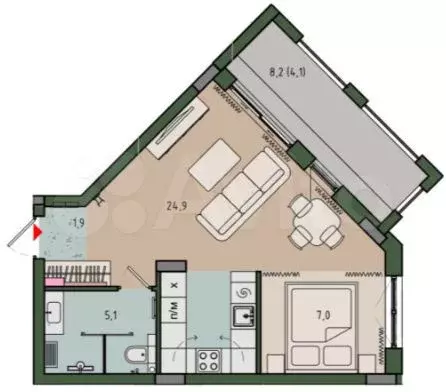 1-к. квартира, 42,9 м, 6/9 эт. - Фото 1