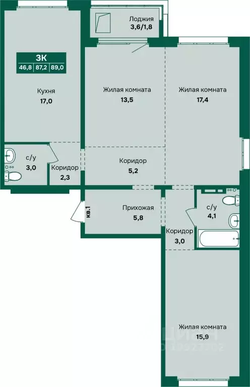 3-к кв. Алтайский край, Барнаул Камчатка жилой комплекс (89.0 м) - Фото 1