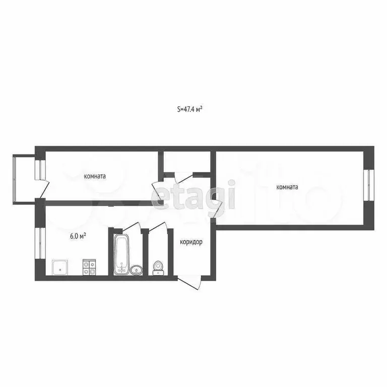 2-к. квартира, 47,4 м, 4/5 эт. - Фото 0