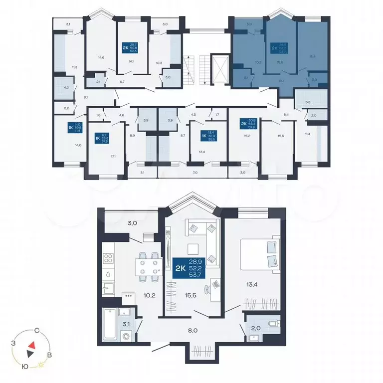 2-к. квартира, 53,7 м, 3/9 эт. - Фото 0