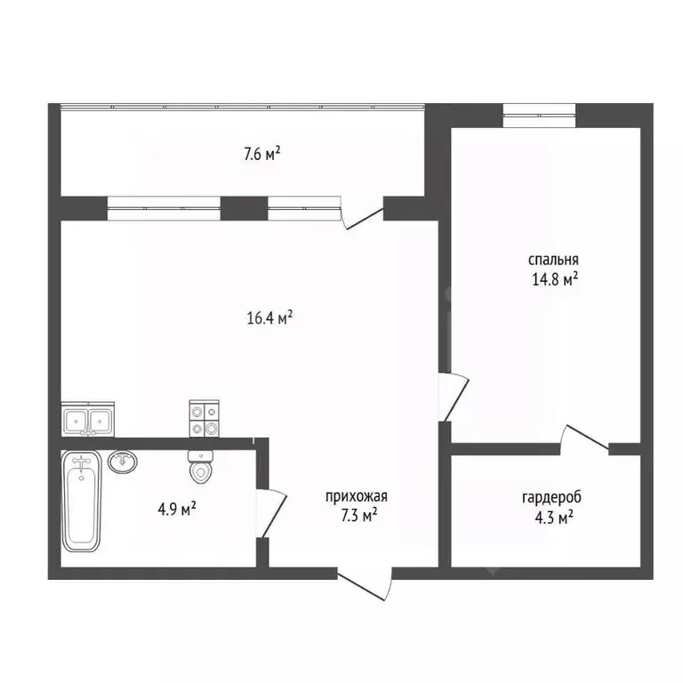 1-к кв. Тюменская область, Тюмень Дамбовская ул., 29к1 (47.7 м) - Фото 2