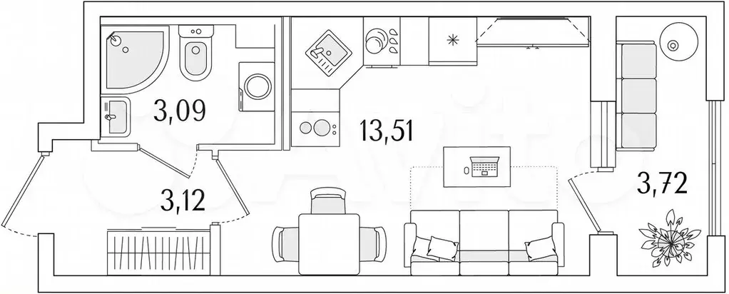 Квартира-студия, 21,6 м, 2/13 эт. - Фото 1