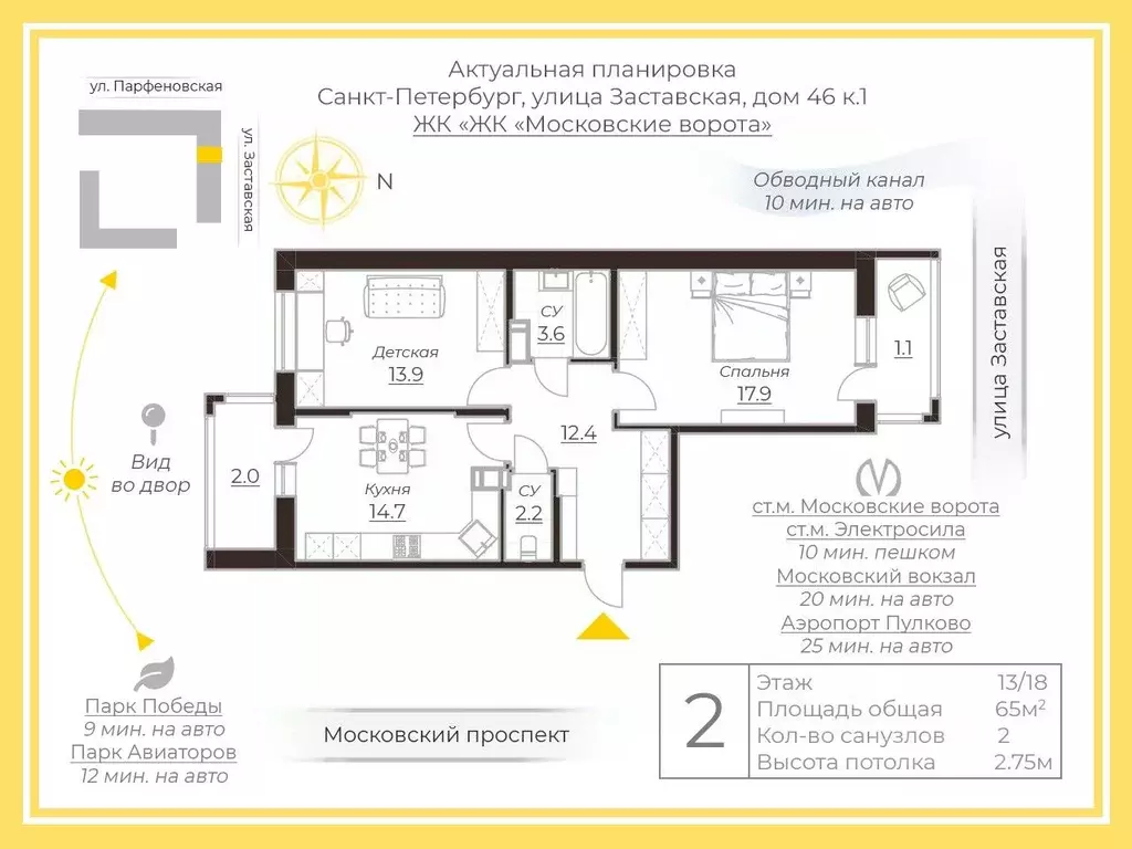 2-к кв. Санкт-Петербург Заставская ул., 46к1 (65.0 м) - Фото 1